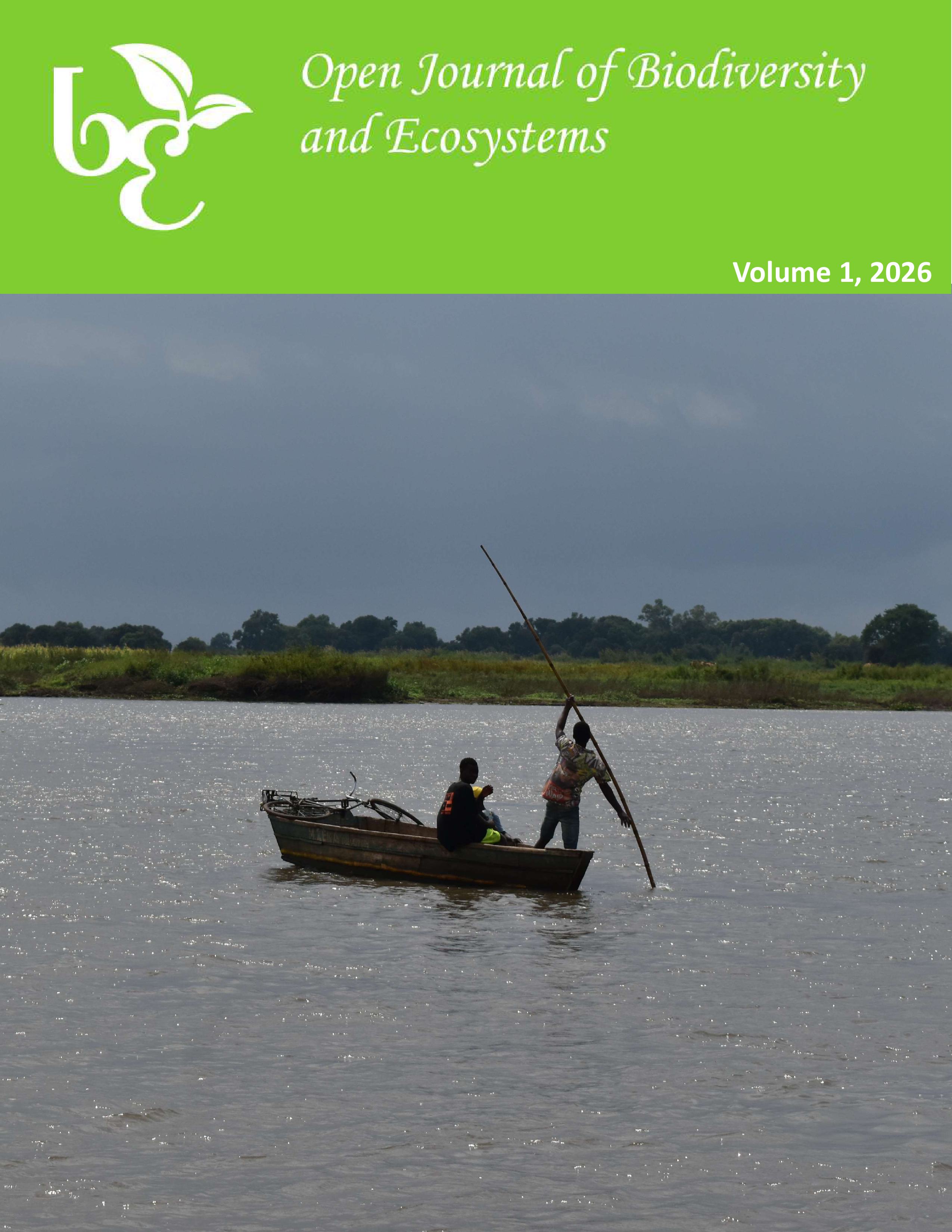 Two people are traveling across a body of water in a small wooden boat. One is sitting and one is using a pole to navigate. In the background there are trees and grasses and the sky is overcast. There is a thick green border across the top of the page.