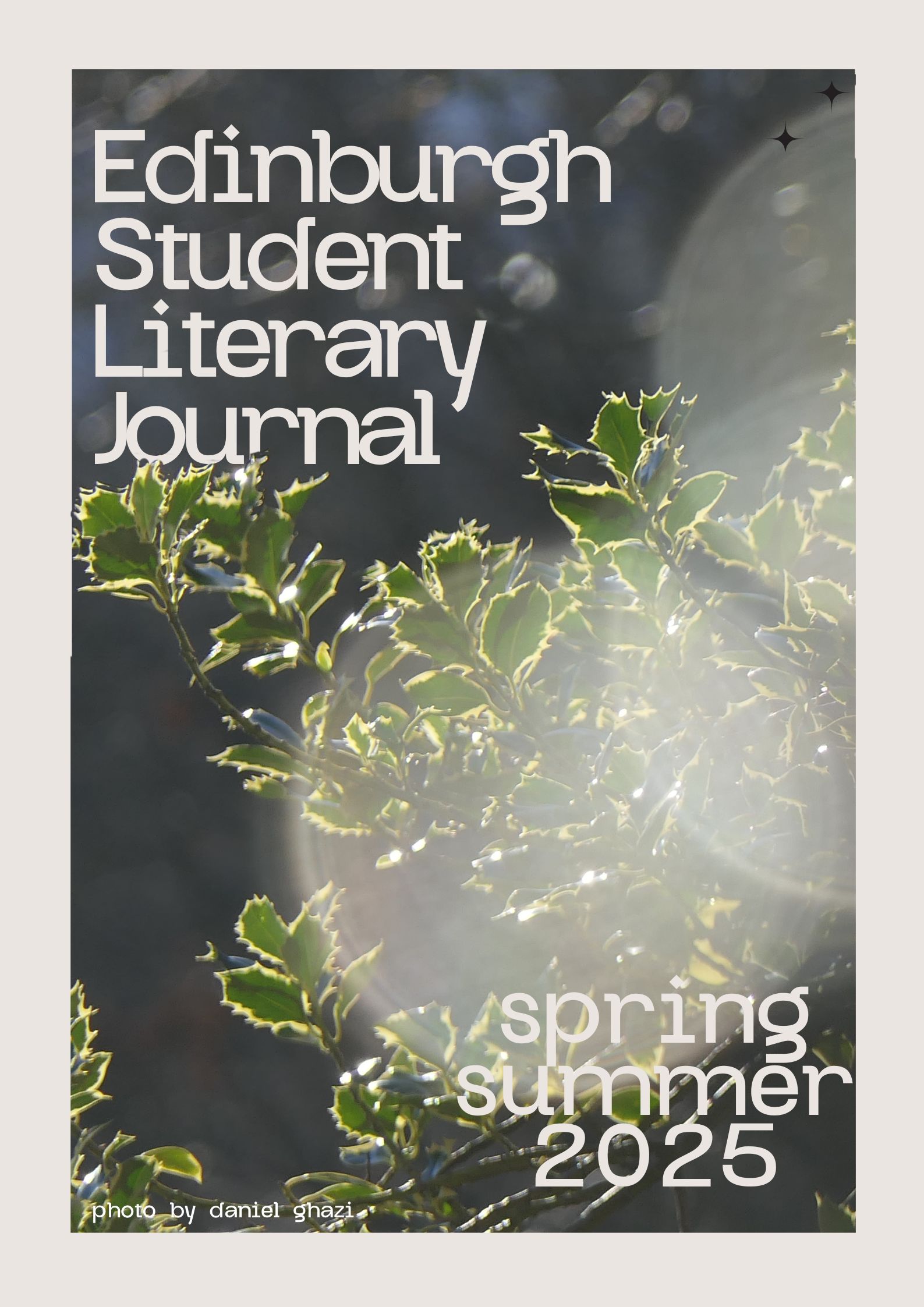 cover for the spring summer 2025 issue with a photo showing leaves in the sun by Daniel Ghazi