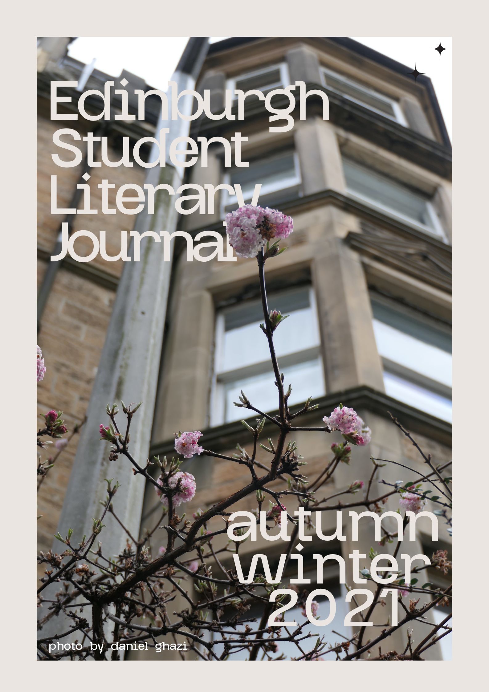 cover for the autumn winter 2021 issue with a photo of some cherry blossom in front of an Edinburgh tenement by Daniel Ghazi