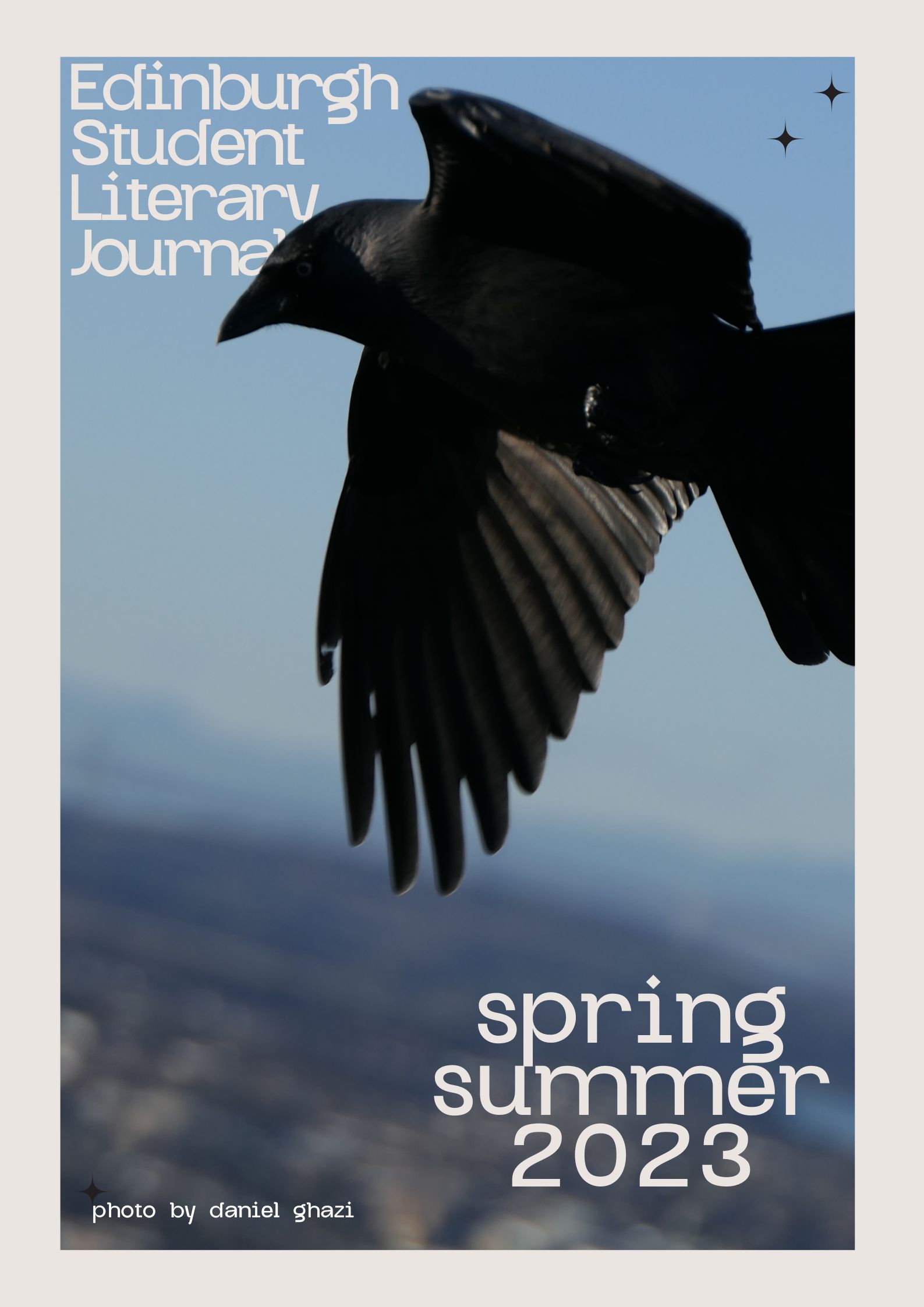 cover for the spring summer 2023 issue with a photo of a jackdaw in flight by Daniel Ghazi